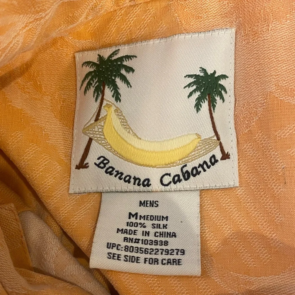 Banana Cabana Men’s 100% Silk Hawaiian Shirt M Peach Tropical Jacquard- Y2K VNTG